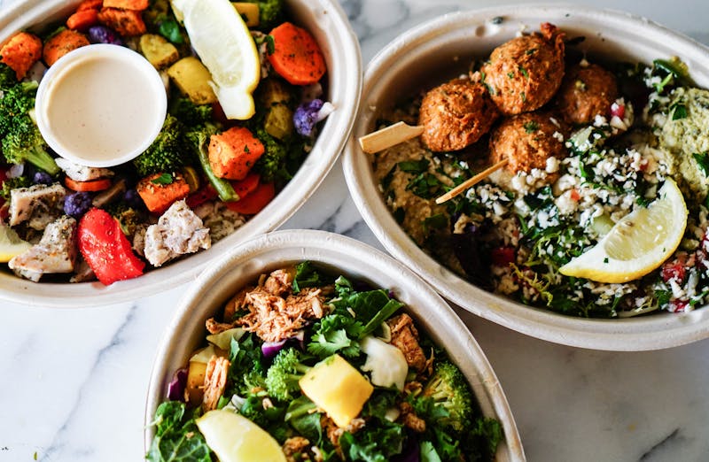 Mediterranean falafel bowl with hummus and tabbouleh